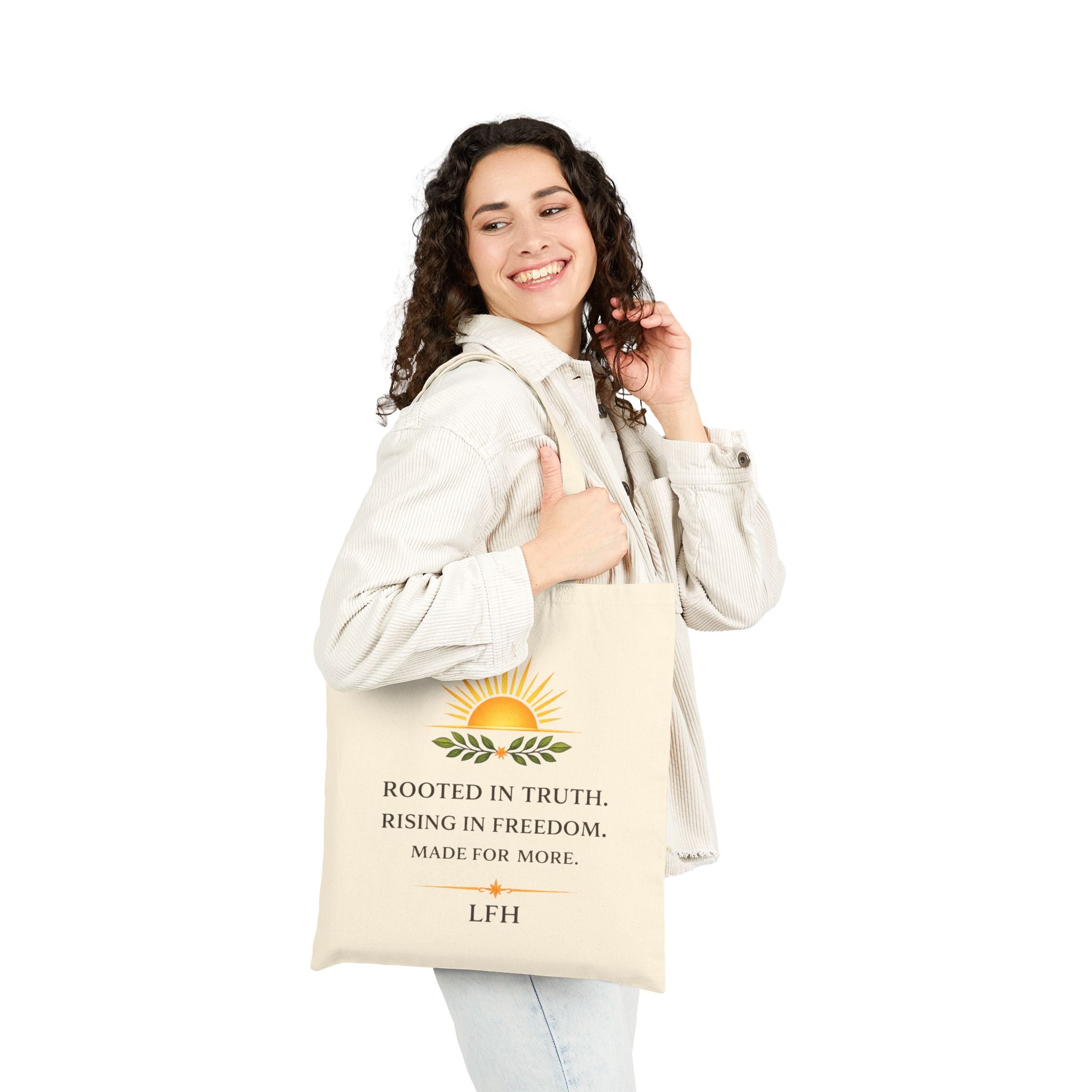 Inspirational Sunburst Cotton Tote — "Rooted in Truth, Rising in Freedom"