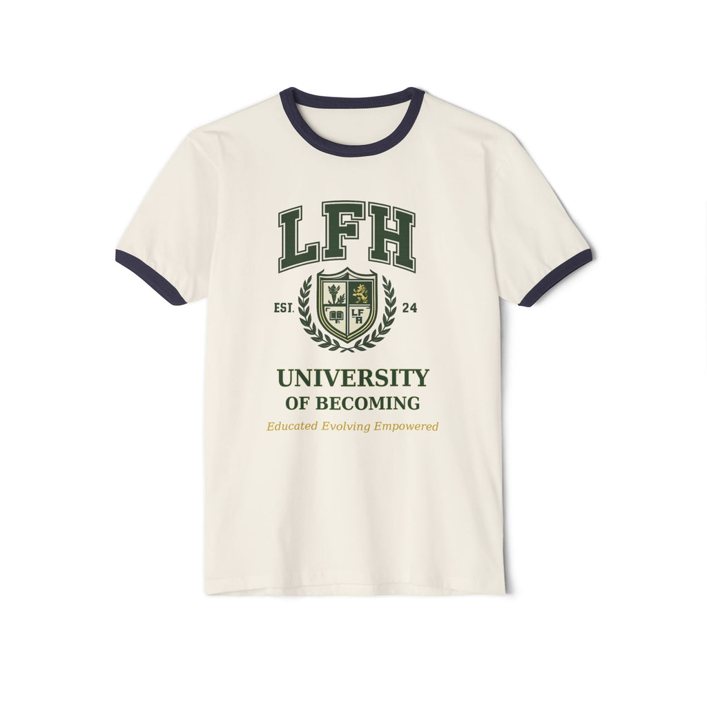 University of Becoming Ringer T-Shirt — LFH Collegiate Crest Tee