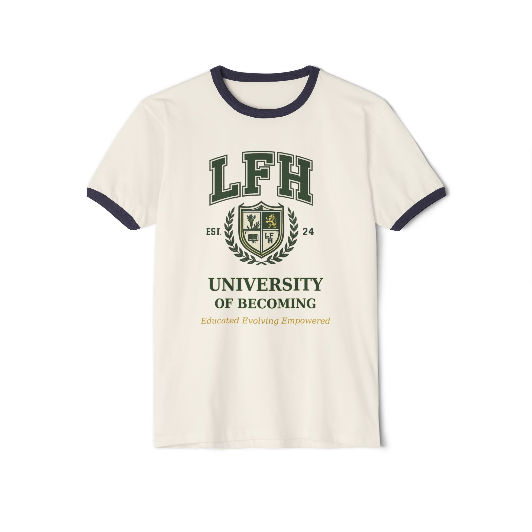 University of Becoming Ringer T-Shirt — LFH Collegiate Crest Tee