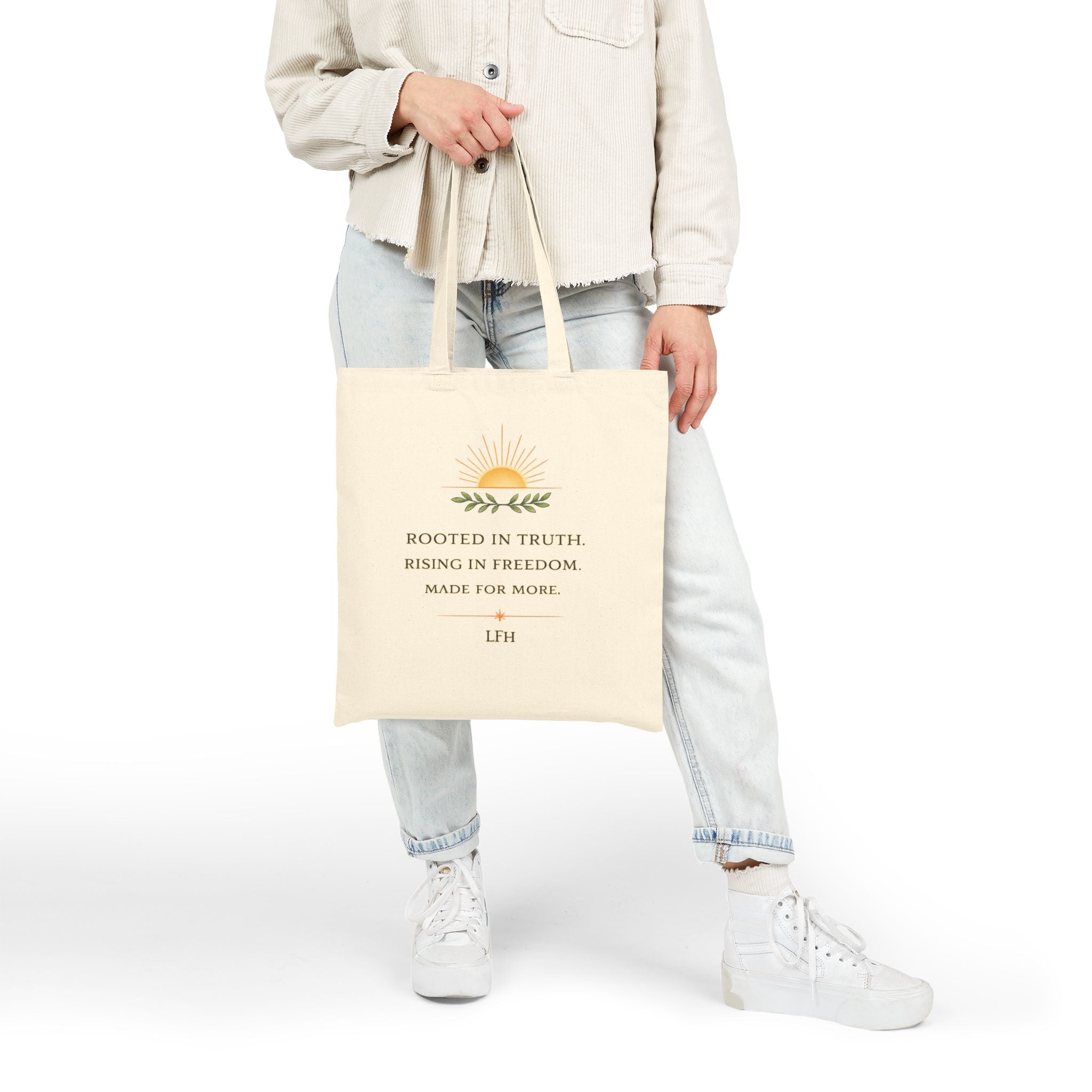 Inspirational Sunburst Cotton Tote — "Rooted in Truth, Rising in Freedom"