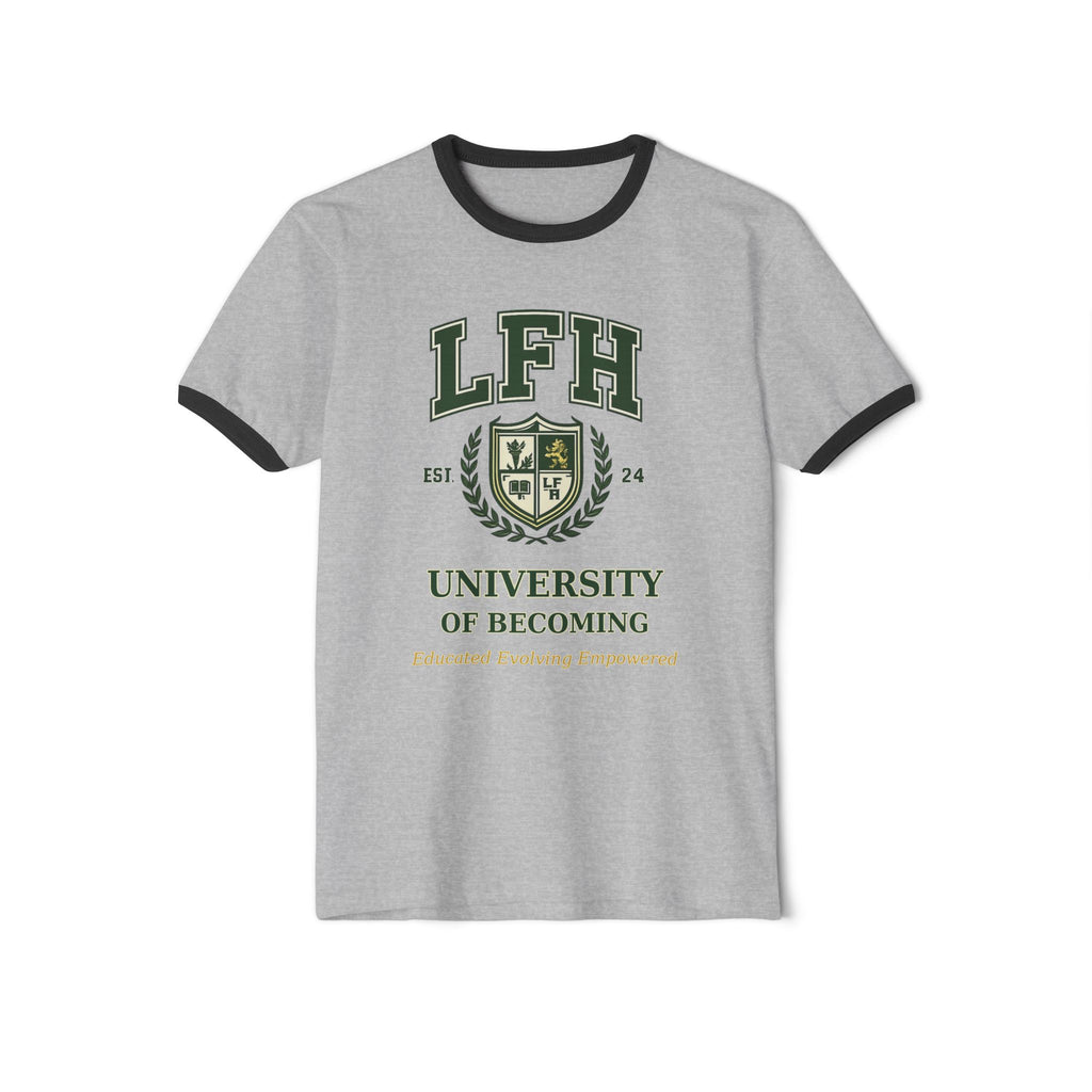 University of Becoming Ringer T-Shirt — LFH Collegiate Crest Tee