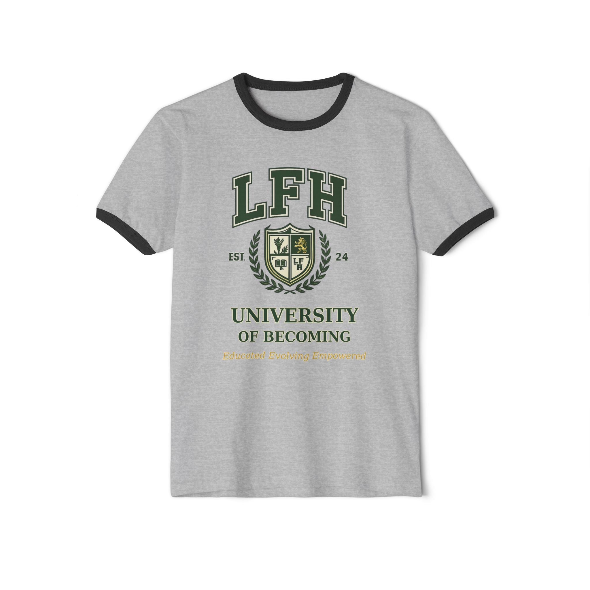 University of Becoming Ringer T-Shirt — LFH Collegiate Crest Tee