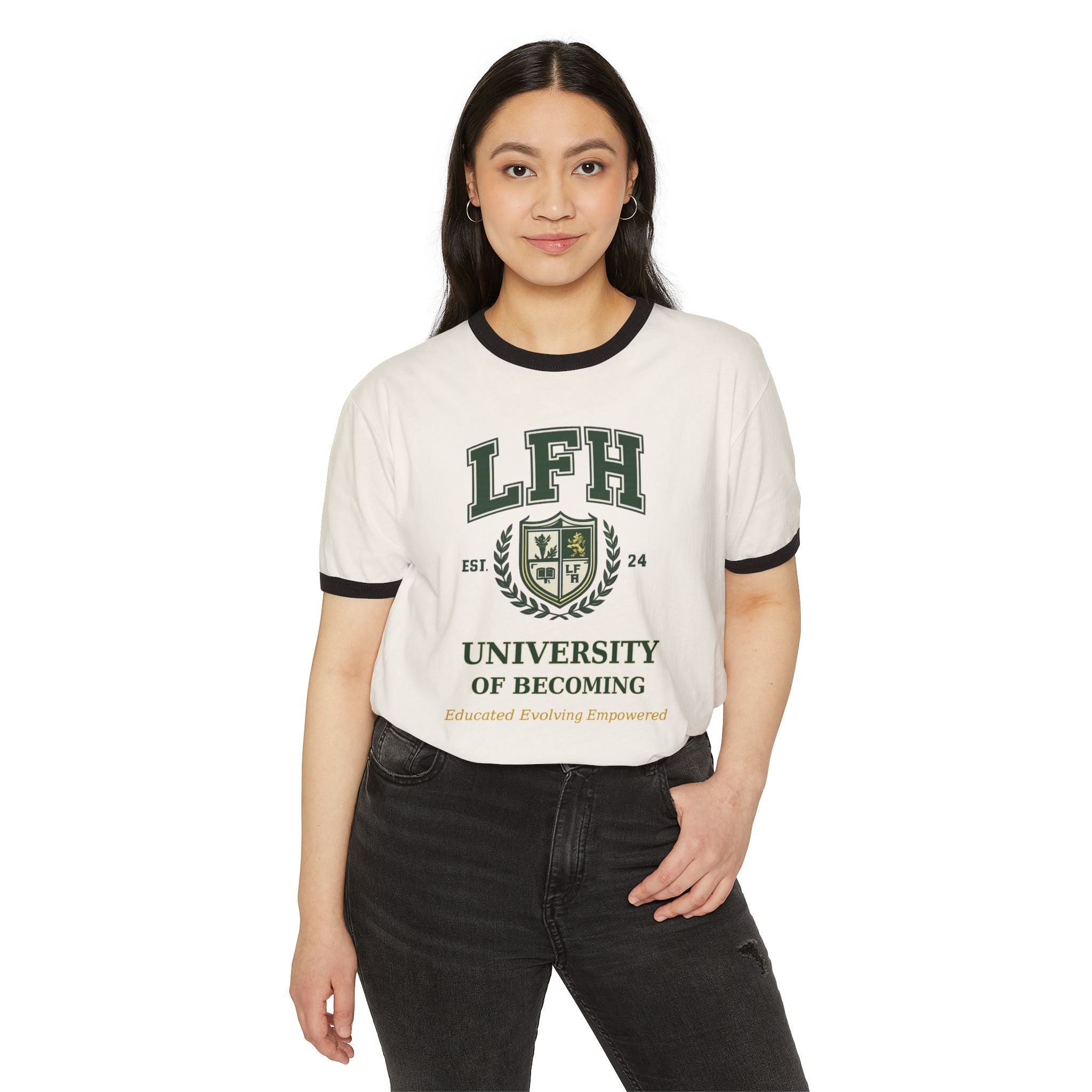 University of Becoming Ringer T-Shirt — LFH Collegiate Crest Tee