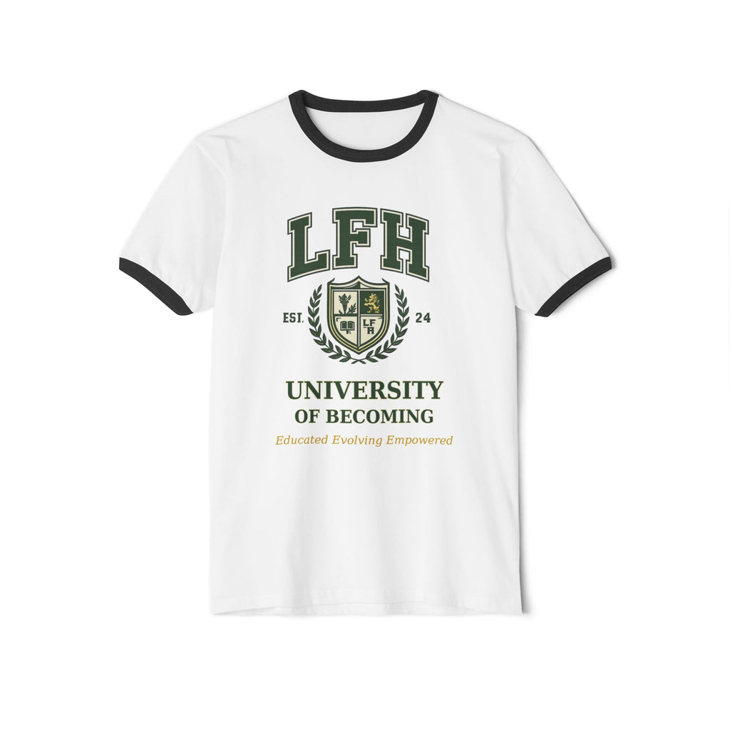 University of Becoming Ringer T-Shirt — LFH Collegiate Crest Tee