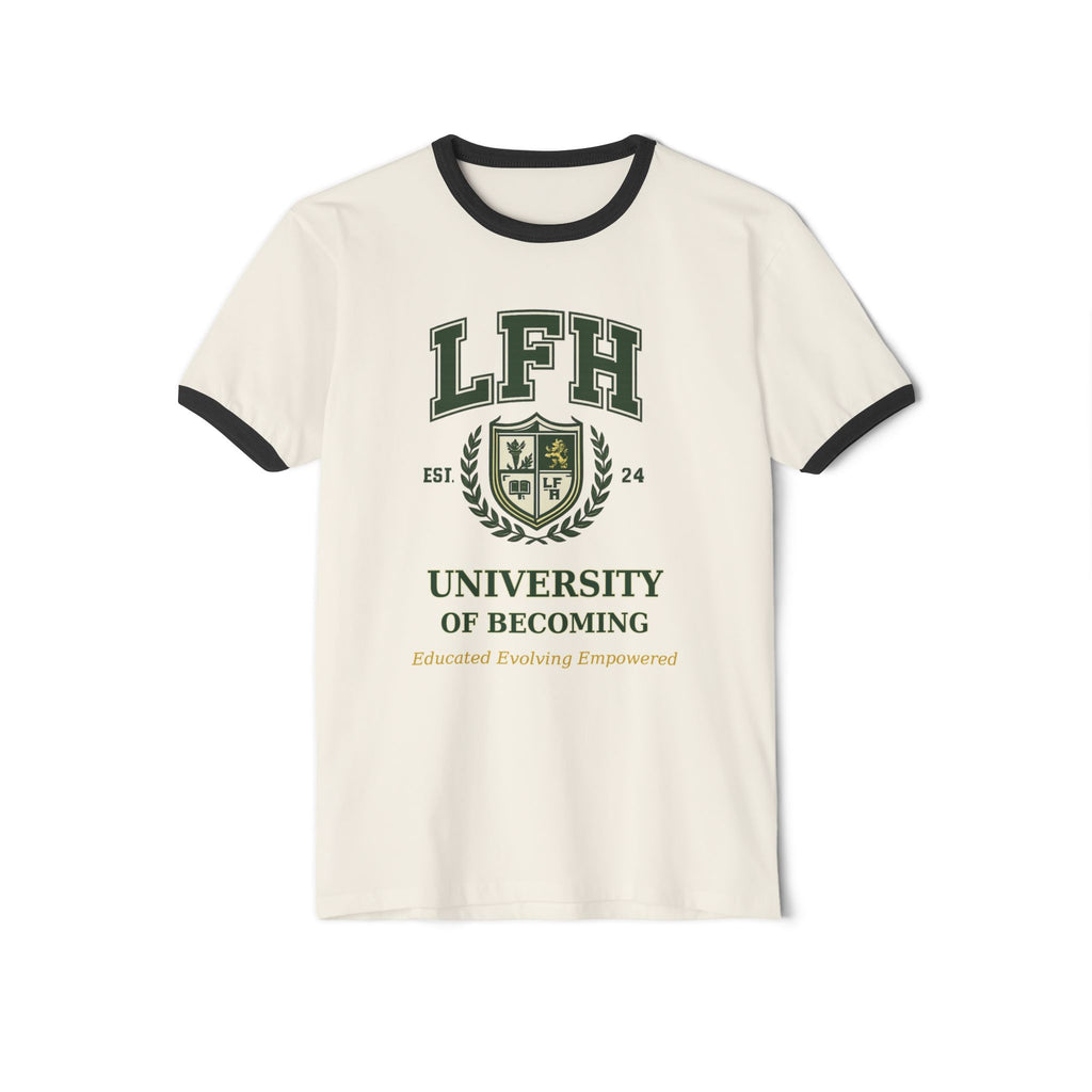 University of Becoming Ringer T-Shirt — LFH Collegiate Crest Tee