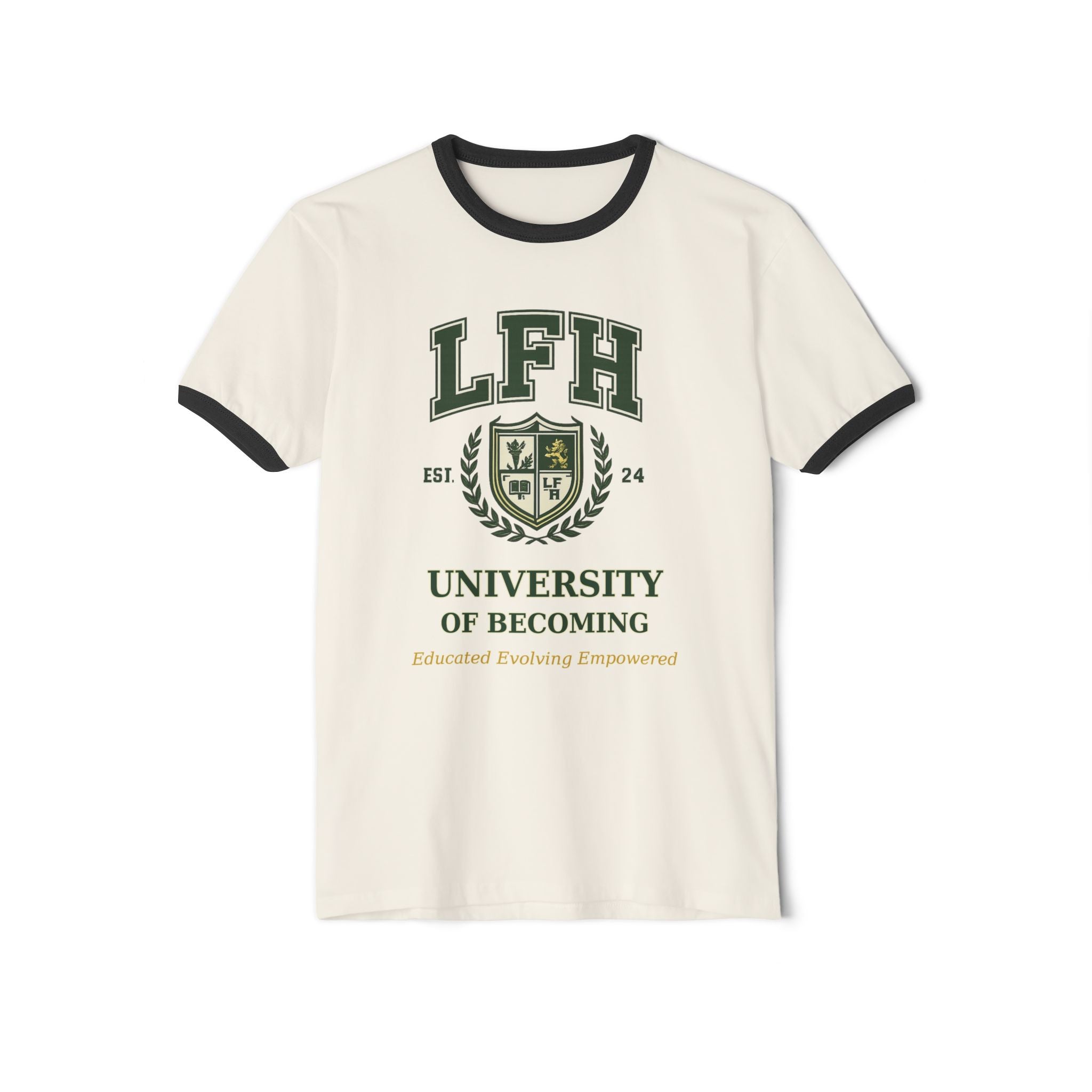 University of Becoming Ringer T-Shirt — LFH Collegiate Crest Tee