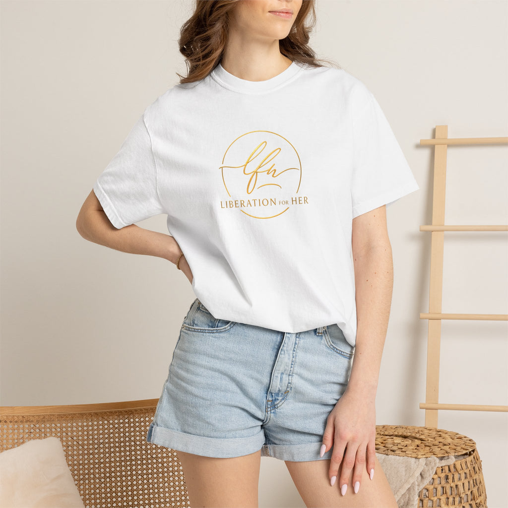 Liberation Her Logo T-Shirt — Minimal Gold Script Tee
