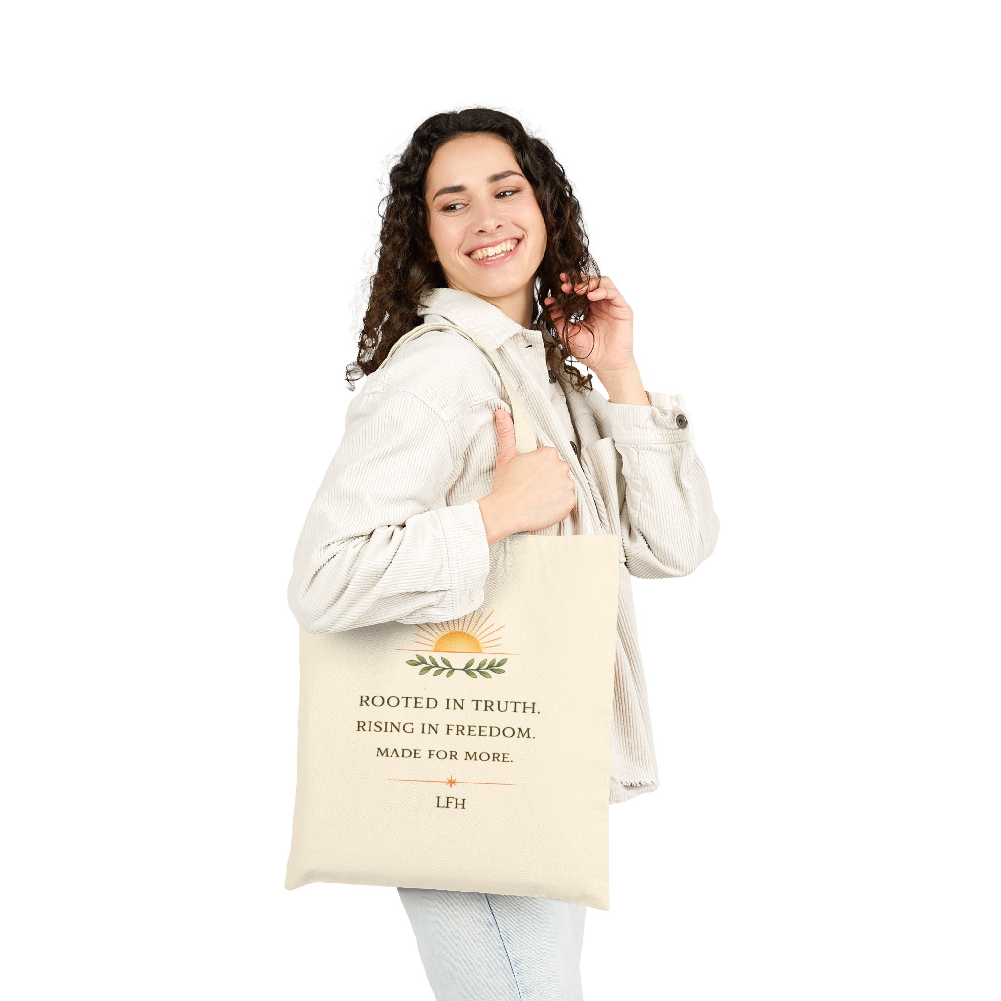 Inspirational Sunburst Cotton Tote — "Rooted in Truth, Rising in Freedom"