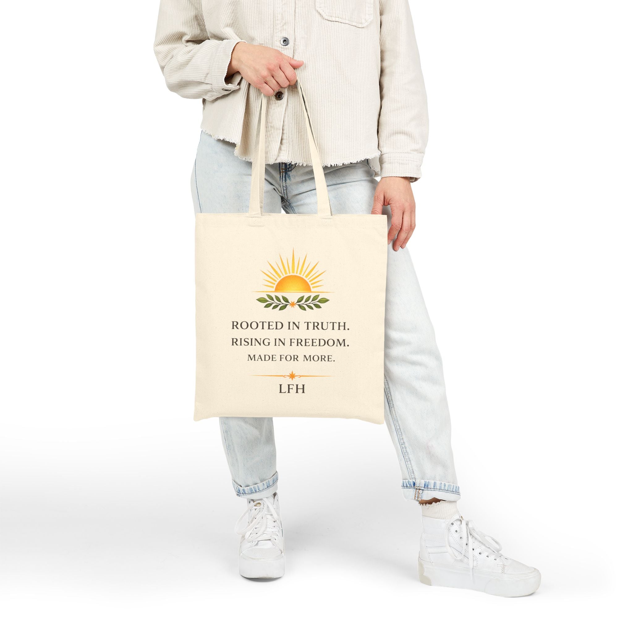 Inspirational Sunburst Cotton Tote — "Rooted in Truth, Rising in Freedom"
