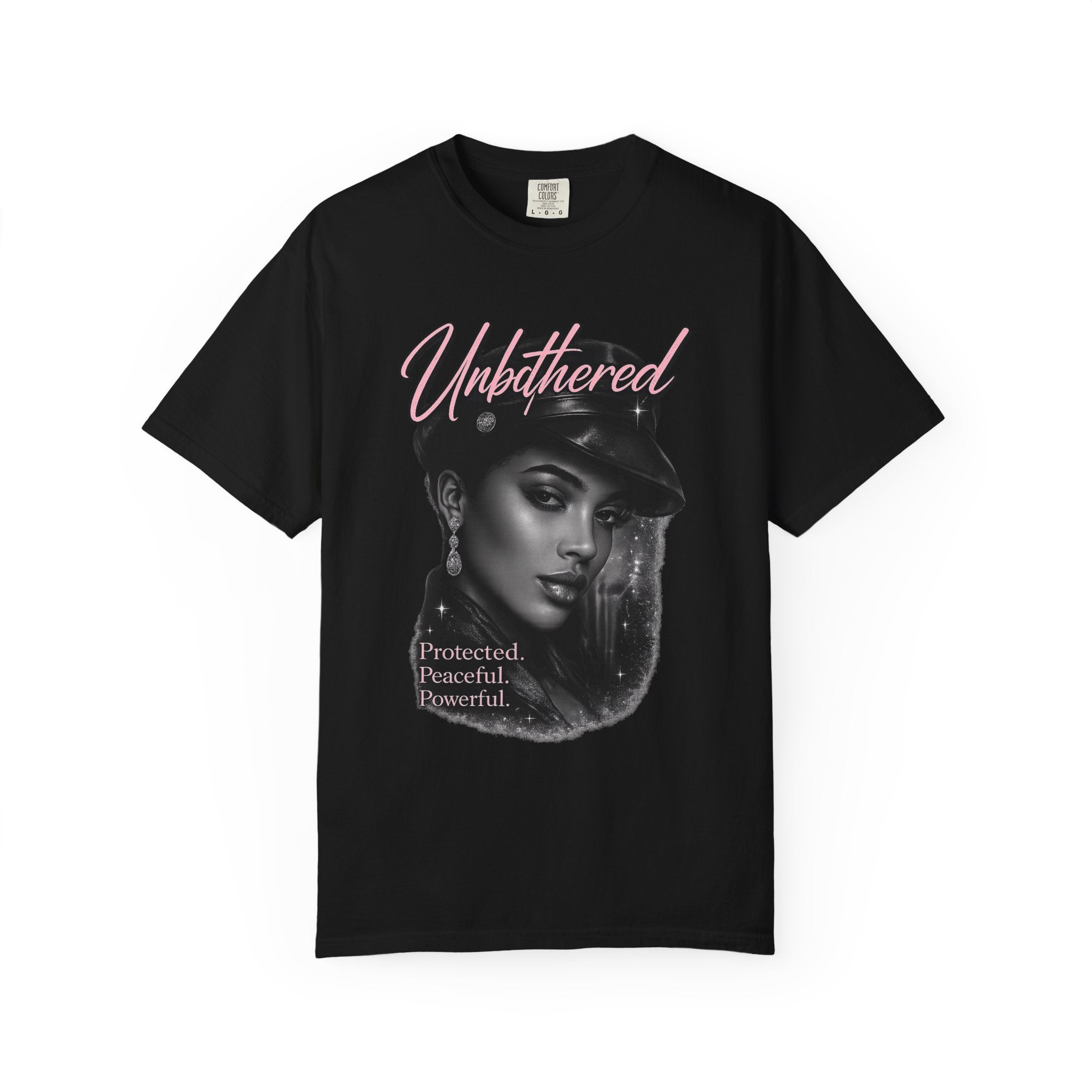 Unbothered Portrait Tee — "Protected. Peaceful. Powerful." Graphic T-Shirt