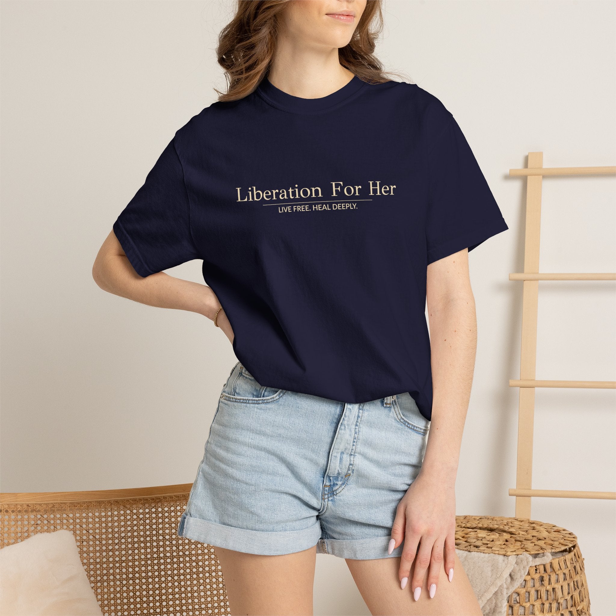 Liberation For Her T-Shirt — Feminist Slogan Tee (Navy)