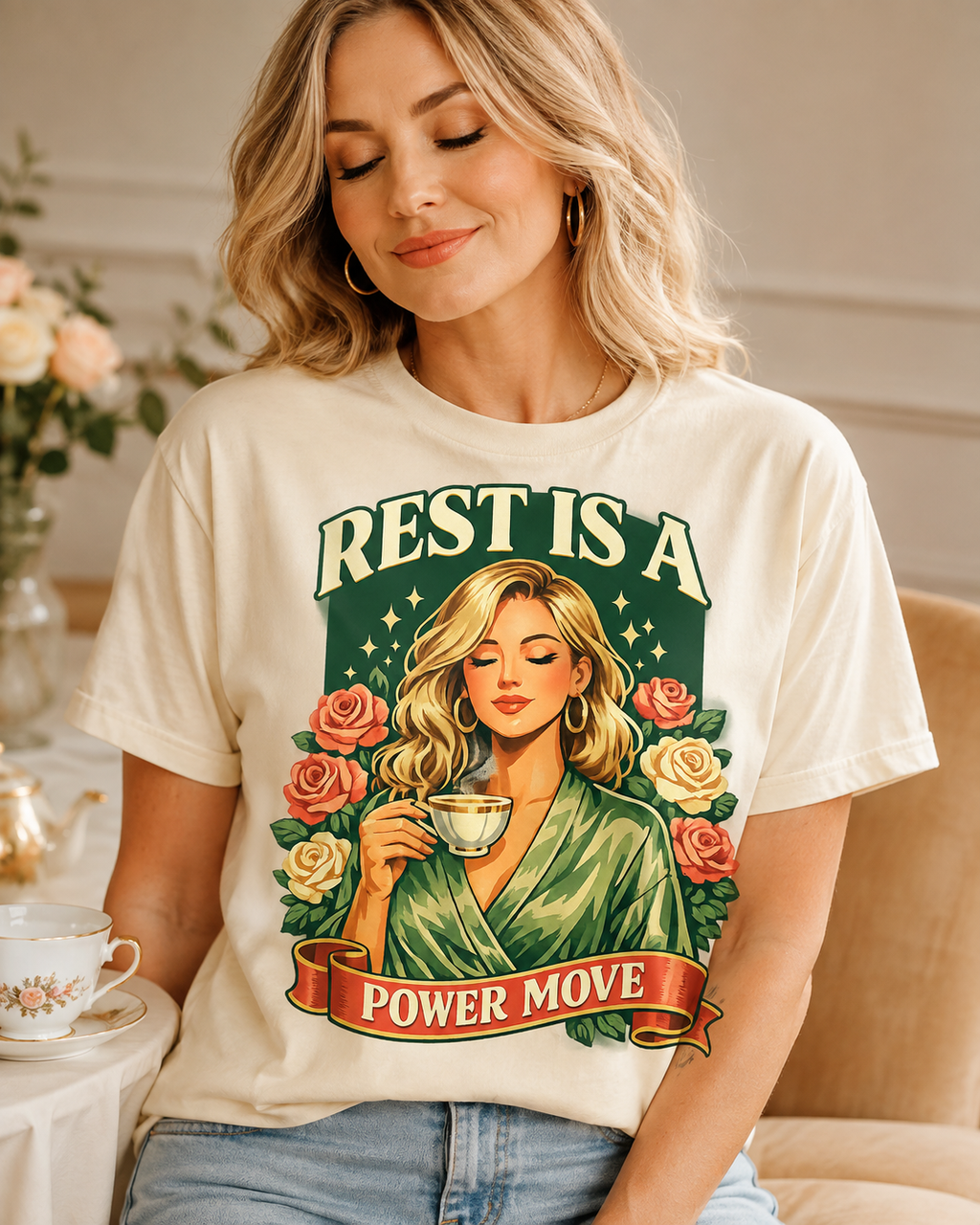 T-Shirt — "Rest Is a Power Move" Retro Floral Relaxation Tee